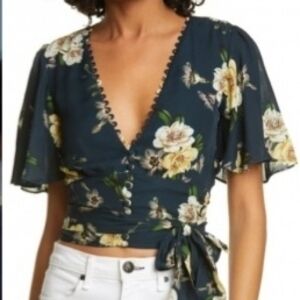 Nicholas Chic Floral Wrap Blouse - Navy and Cream